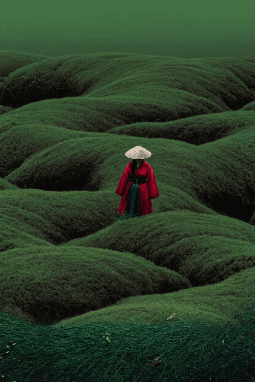A woman in a traditional dress stands in a green landscape.