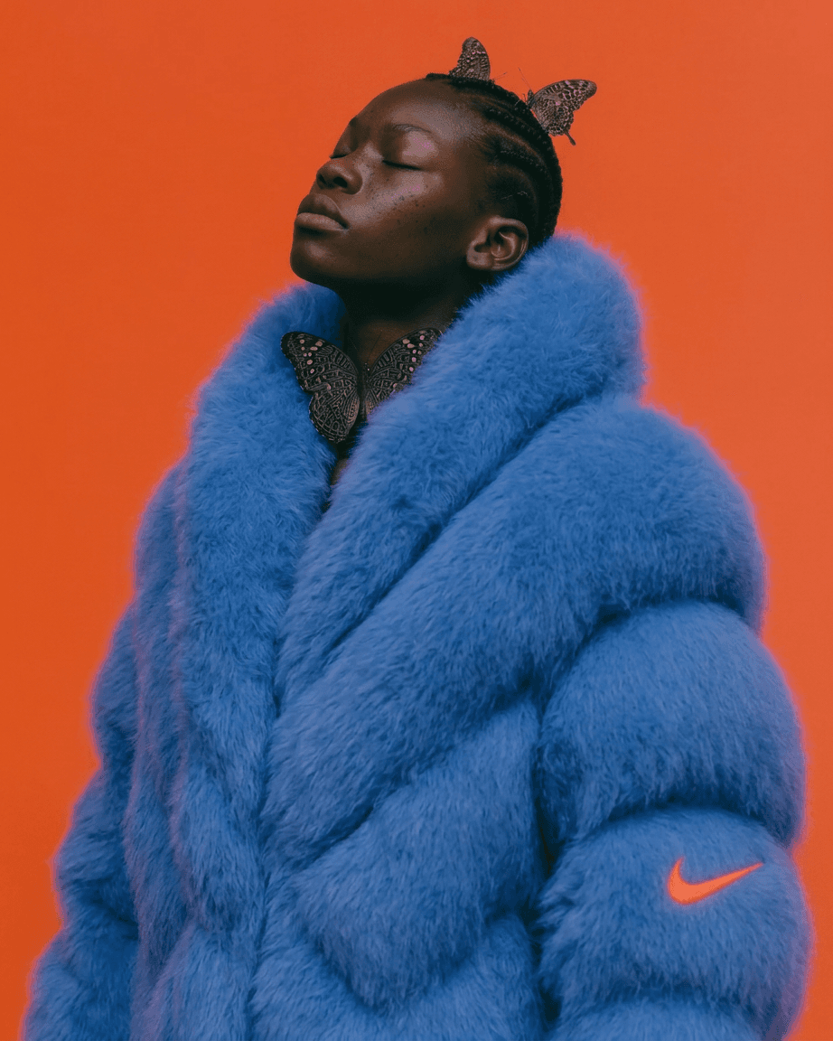 Woman in a blue fluffy coat with an orange background.