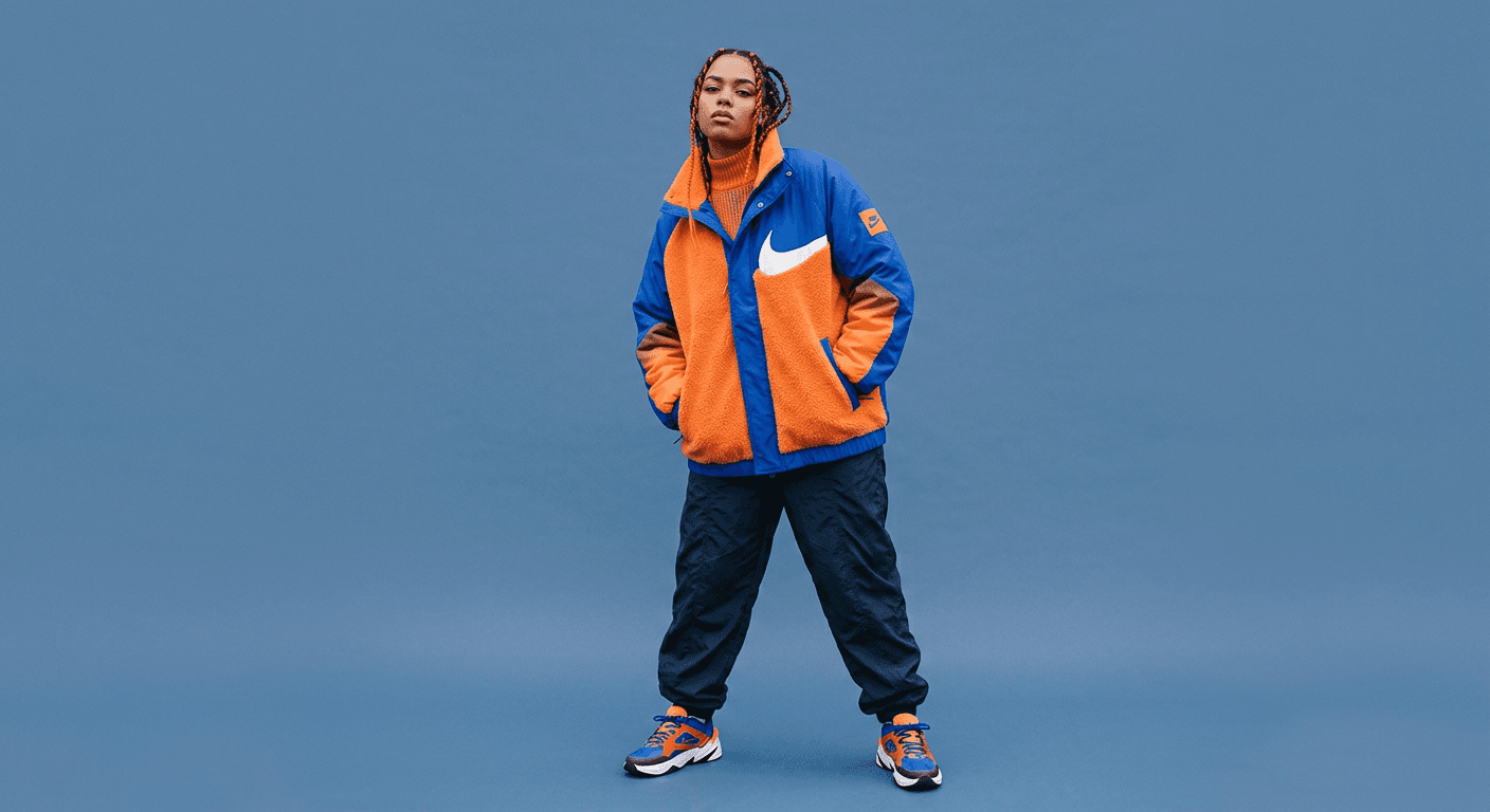 Woman standing in a vibrant outfit against a blue background.