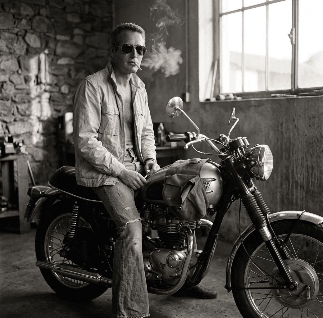 A man in sunglasses sitting on a vintage motorcycle in a rustic workshop.