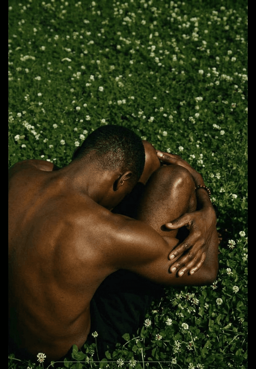 A man seated in a grassy field, with rich green grass and earthy skin tones.
