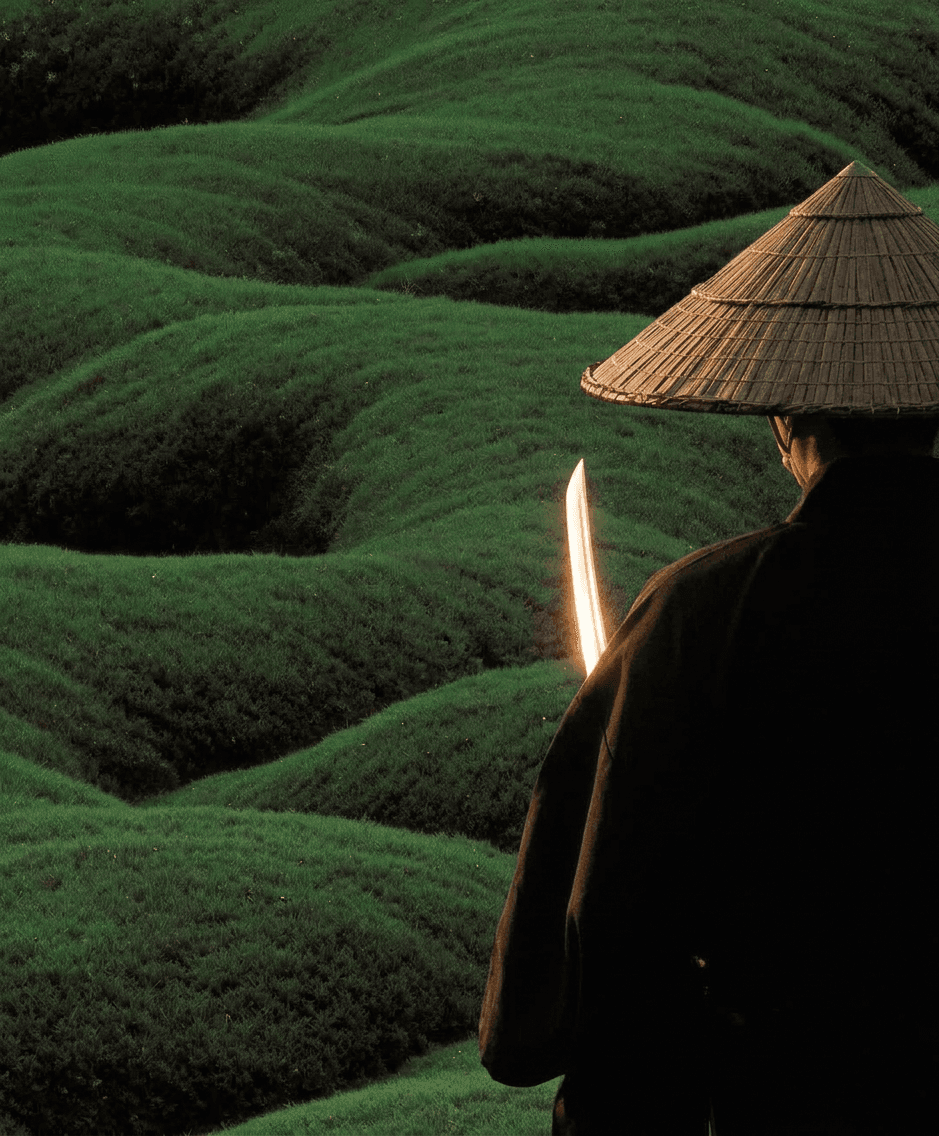 A man in traditional clothing holds a sword in green hills.