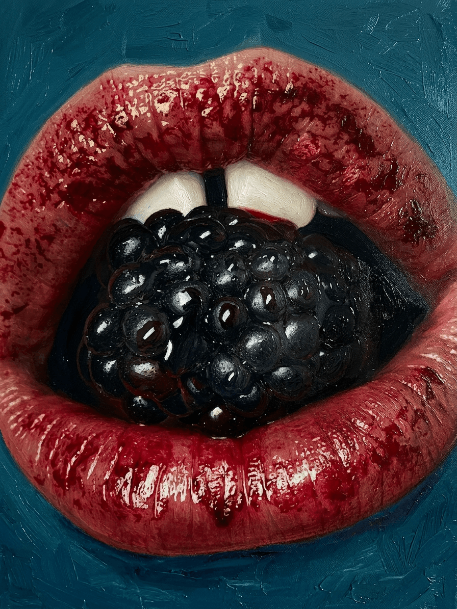 A mouth holding a ripe blackberry with glossy lips, set against a blue background.
