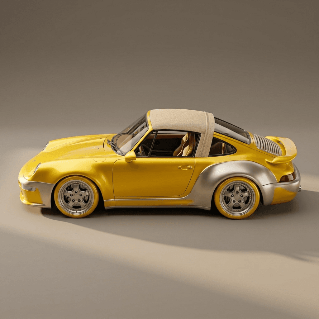 Side view of a vintage car with a convertible top in yellow and silver.