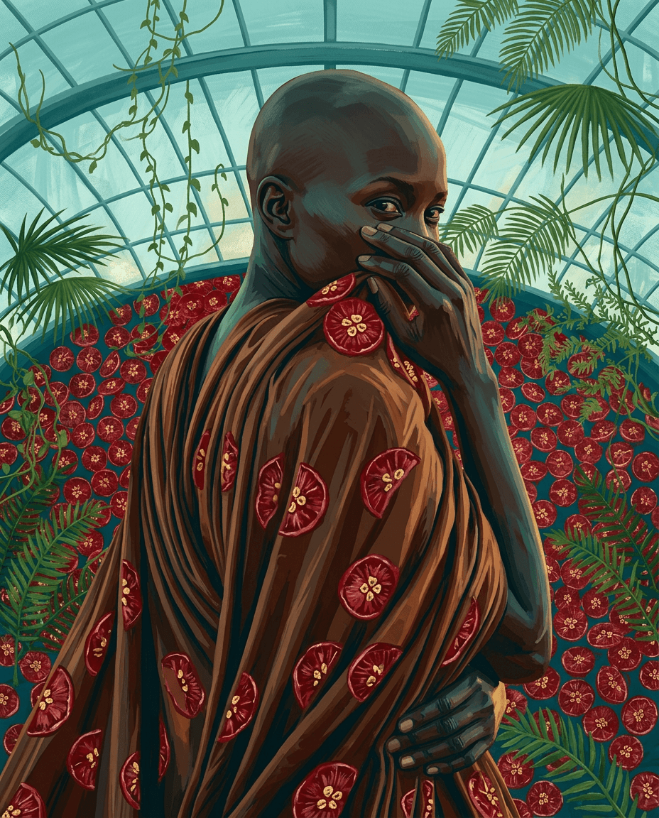 A woman in a brown floral garment, with red flowers and greenery in the background.