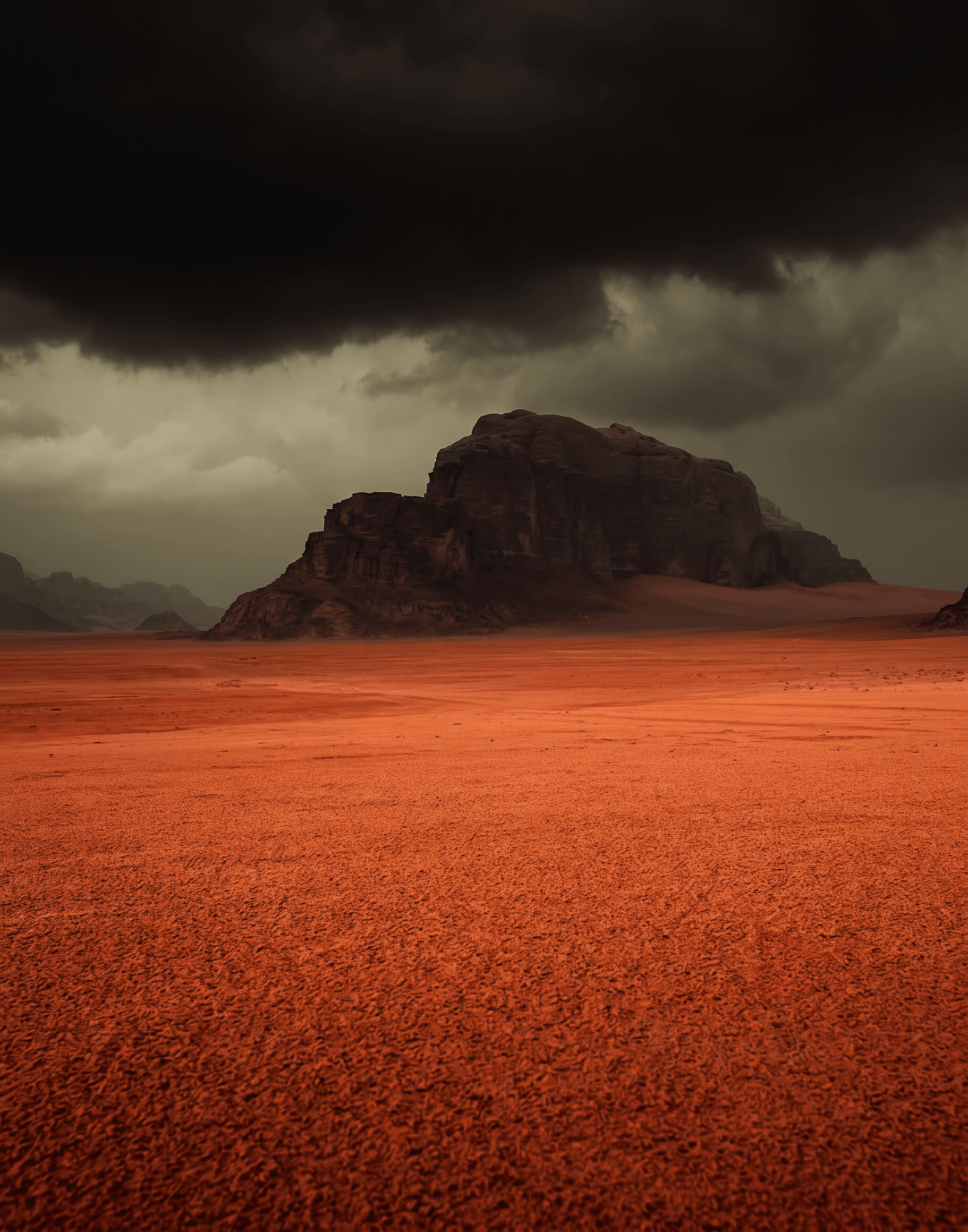 A red desert landscape with a dark, cloudy sky above.