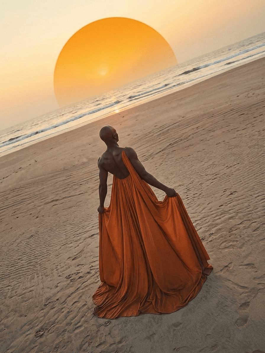 Woman standing on a beach at sunset in a flowing orange dress.