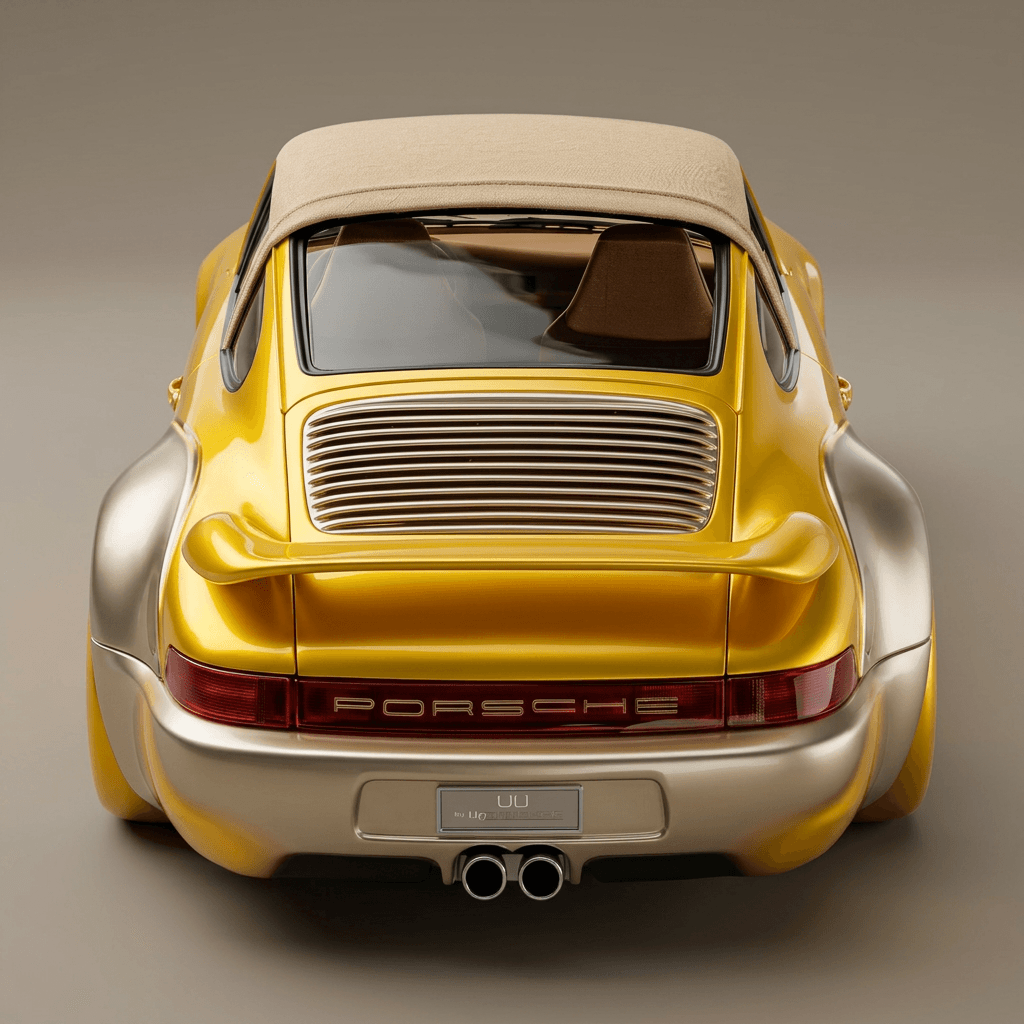 Digital illustration of a vintage sports car with a yellow body and silver accents.