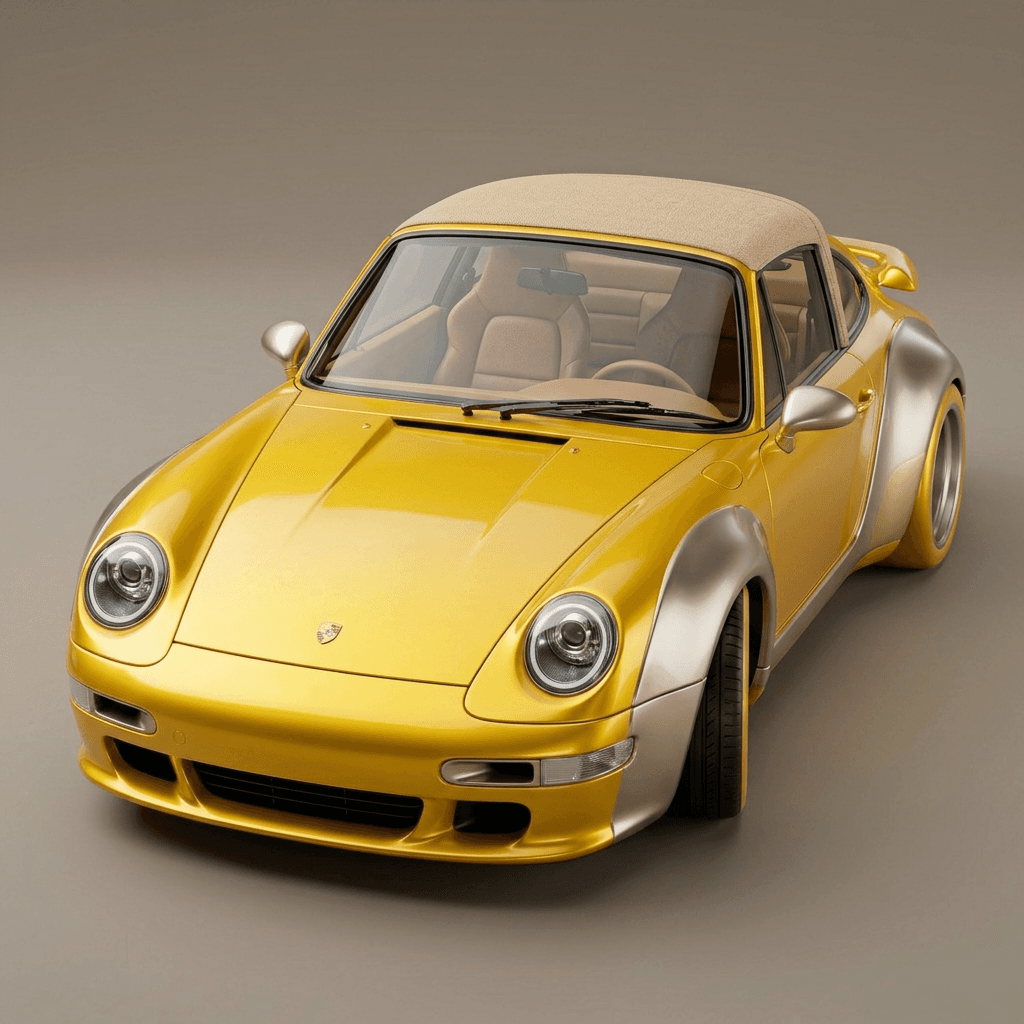 A vibrant yellow sports car with a tan convertible roof in a studio.