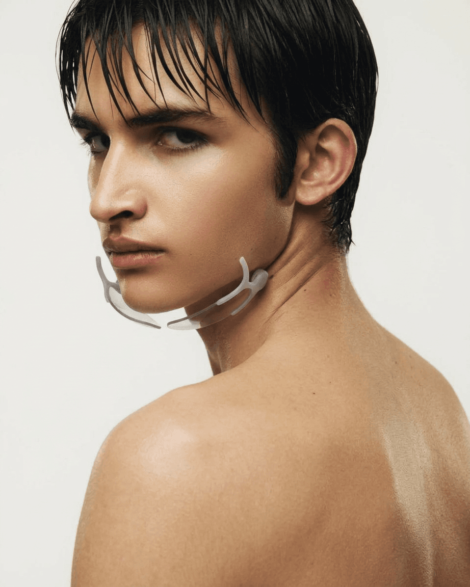 Close-up portrait of a young man with wet hair and a neutral background.