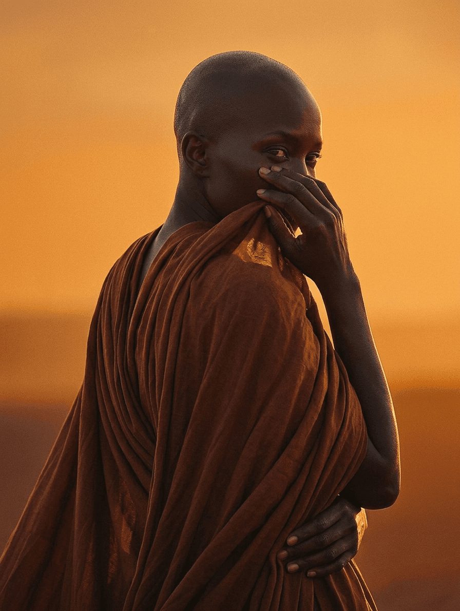 A bald woman in brown fabric with a golden sunset background.