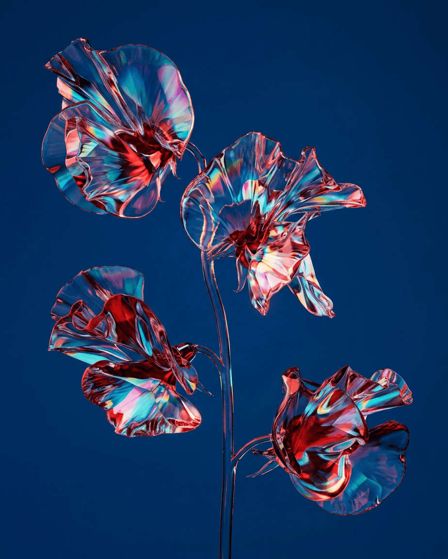 Four translucent, iridescent flowers on a deep blue background.