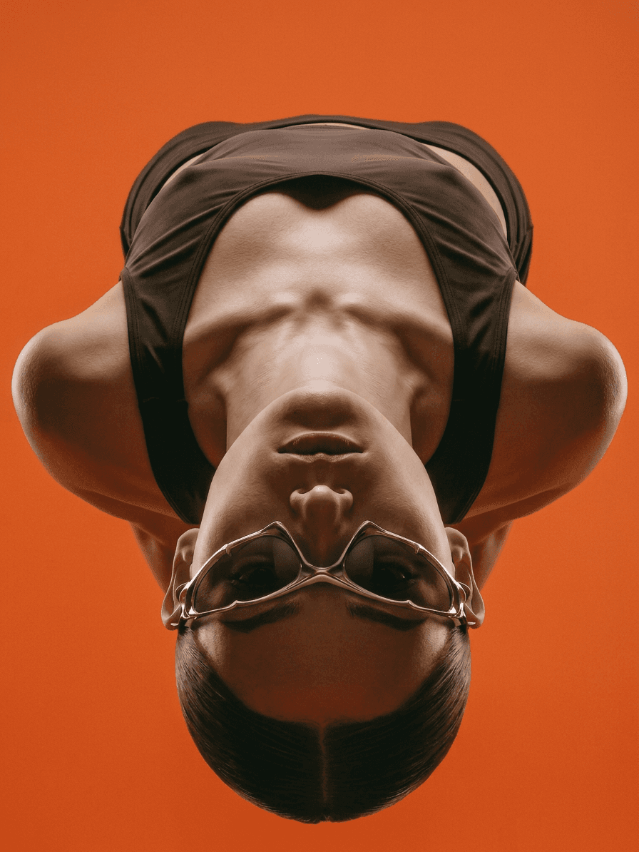Upside down portrait of a woman with distinctive eyewear on an orange background.