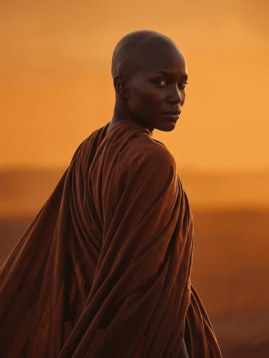 A woman wearing a flowing brown garment poses against a sunset backdrop.