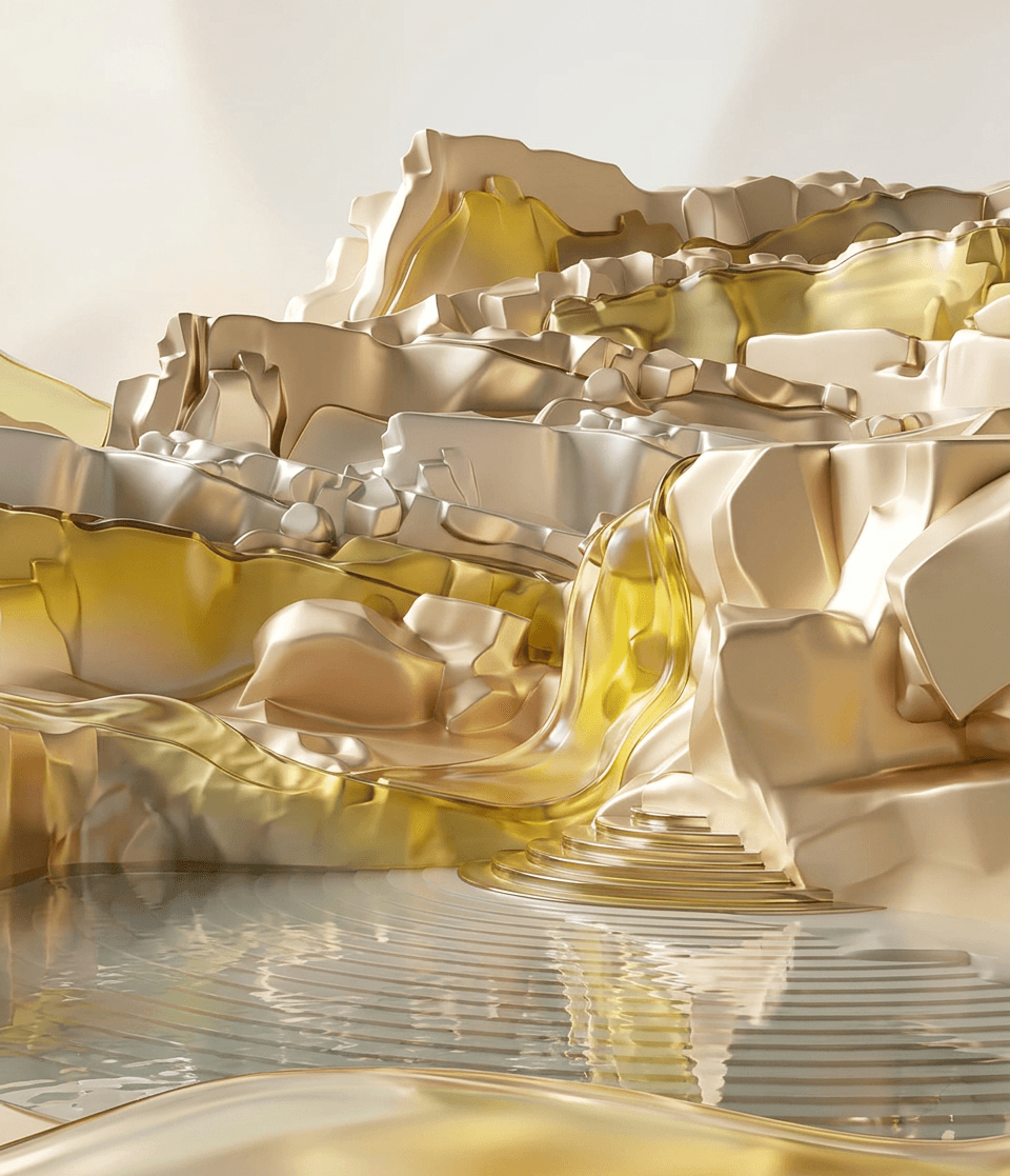 3D render of a surreal landscape with golden hills and a light-reflecting water stream.