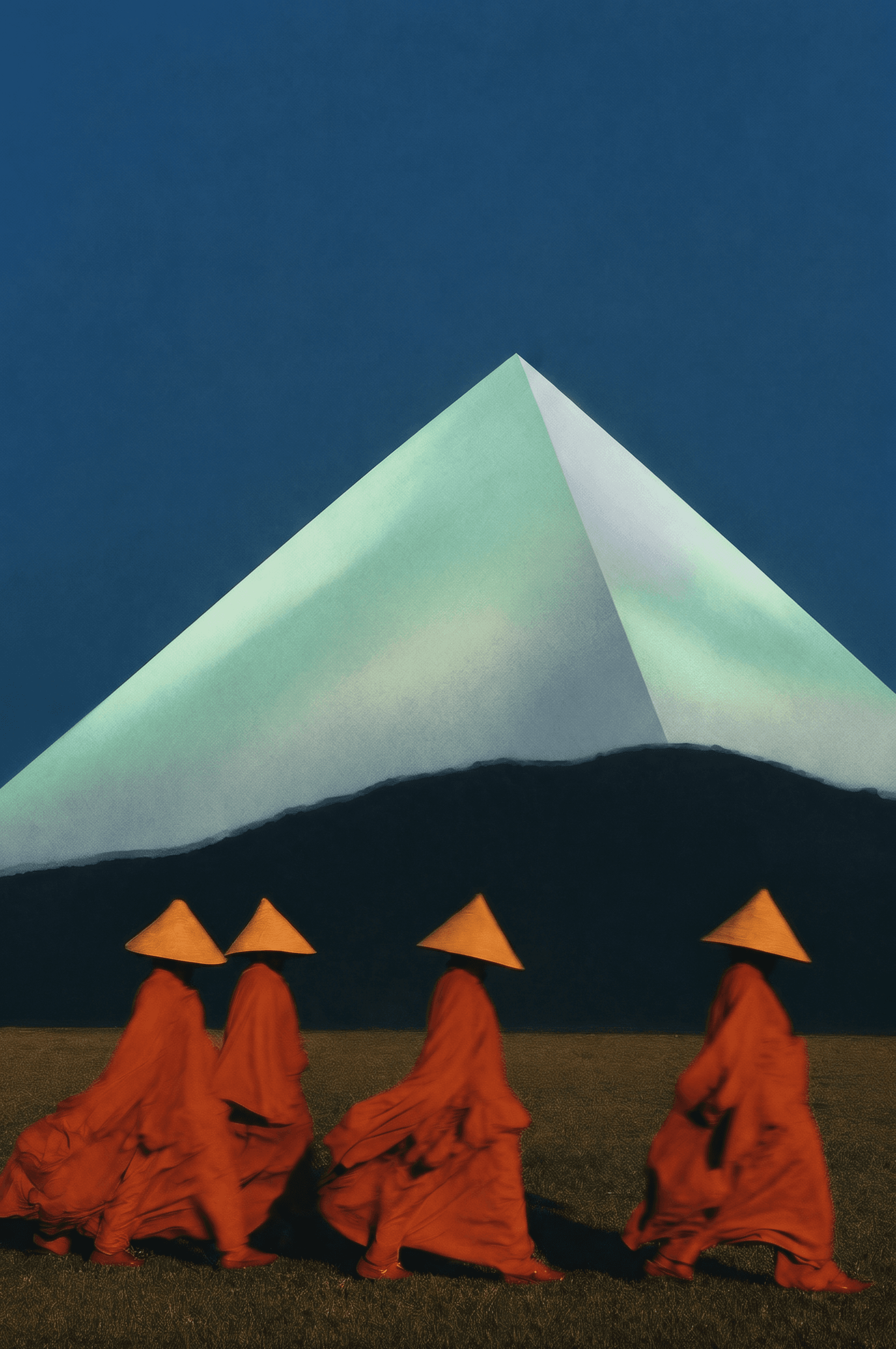 Group of monks in orange robes walking near a surreal pyramid under a blue sky.
