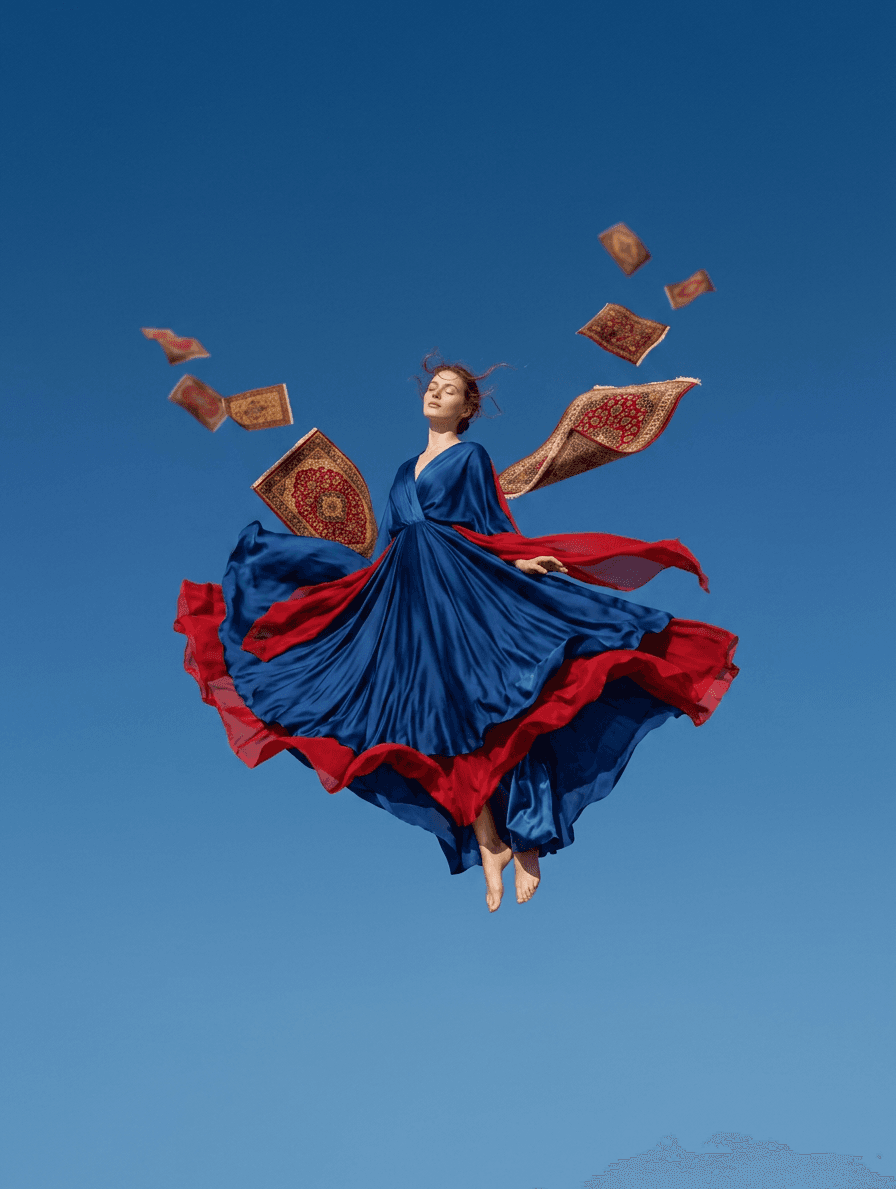 A woman in a blue and red gown floating against a clear blue sky.