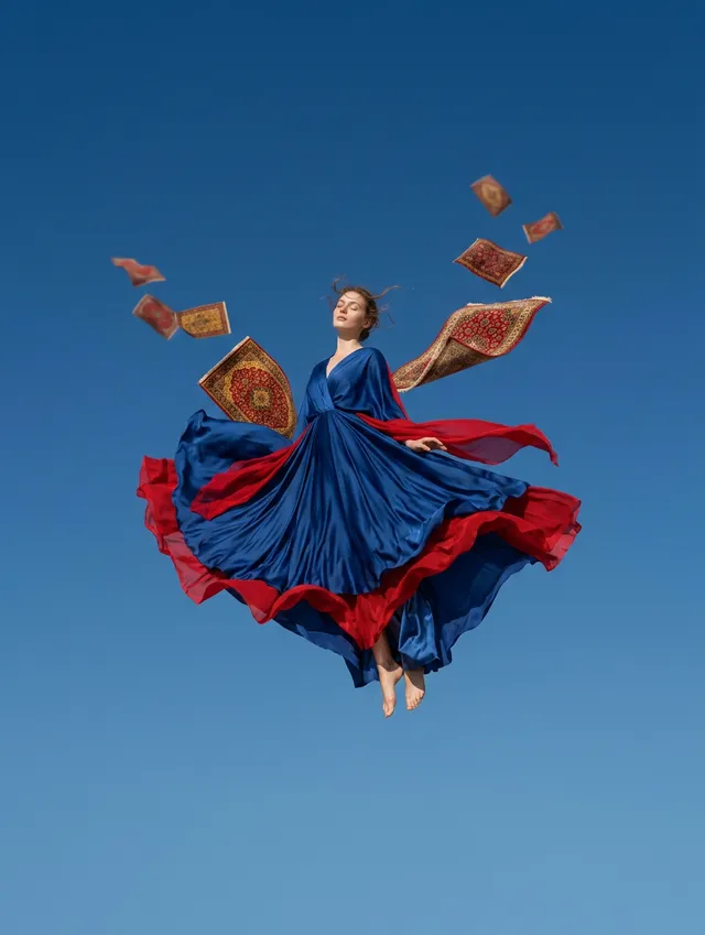 A woman in a blue and red gown floating against a clear blue sky.