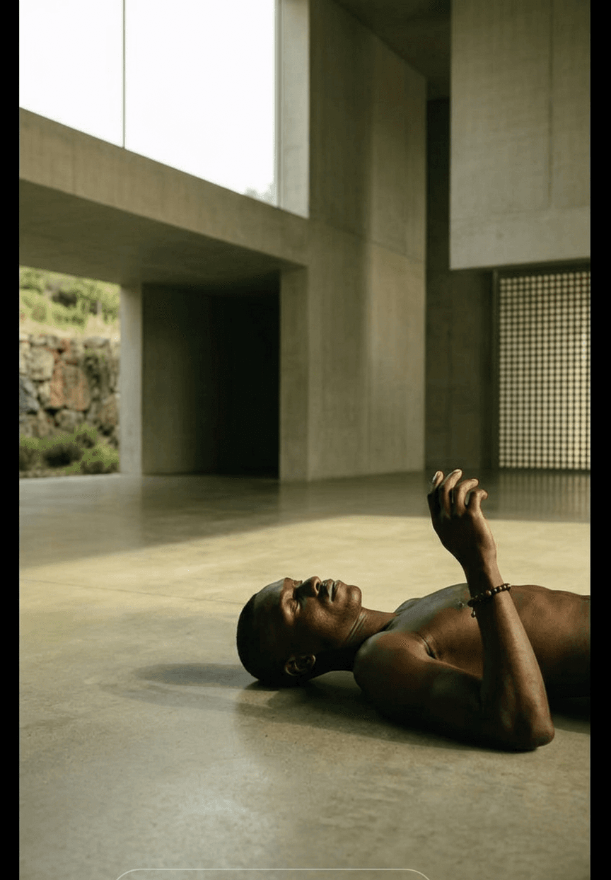 A man lying on a polished concrete floor in a minimalist interior with large windows.