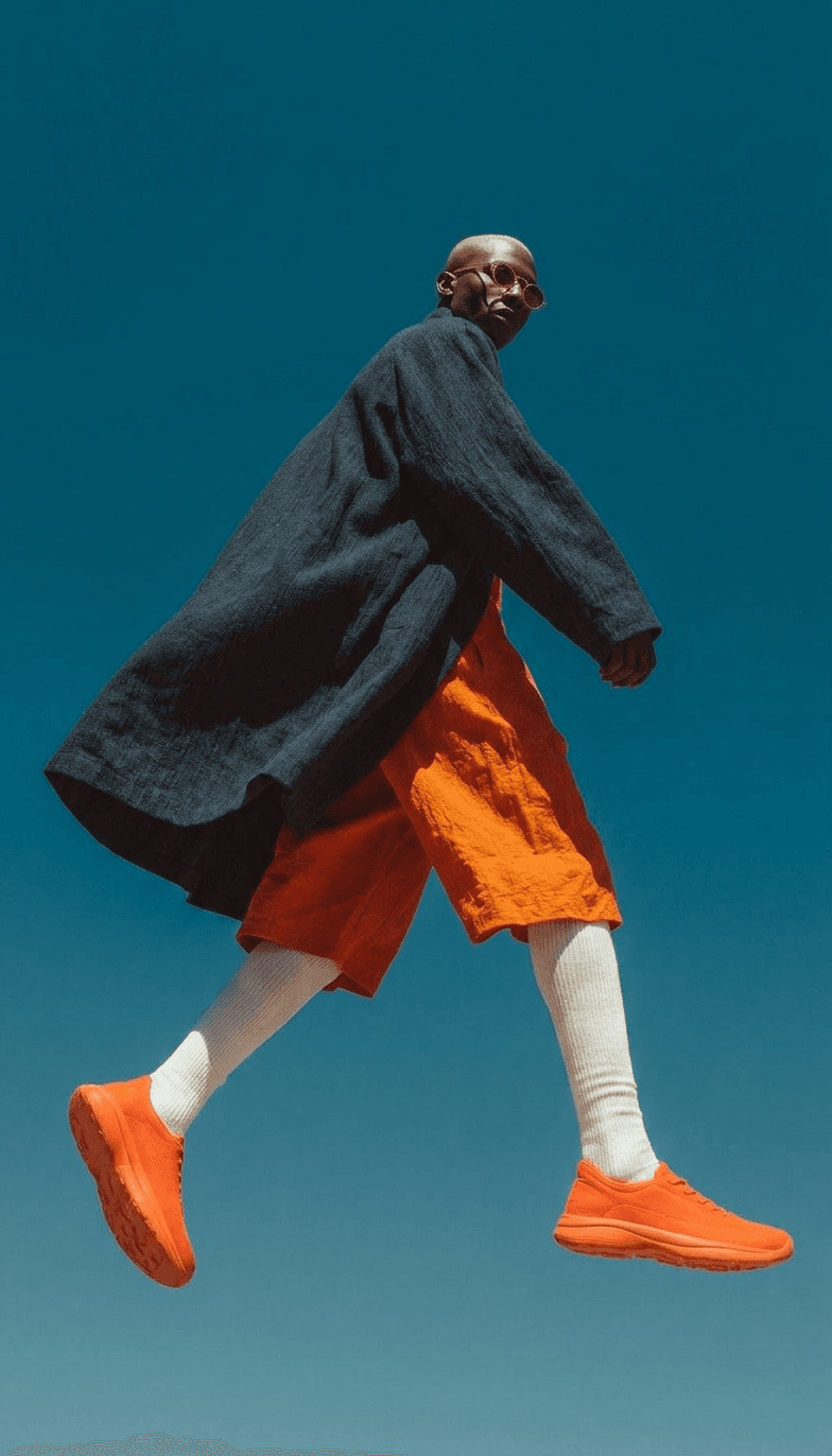 A man in mid-air wearing colourful streetwear with a blue sky backdrop.