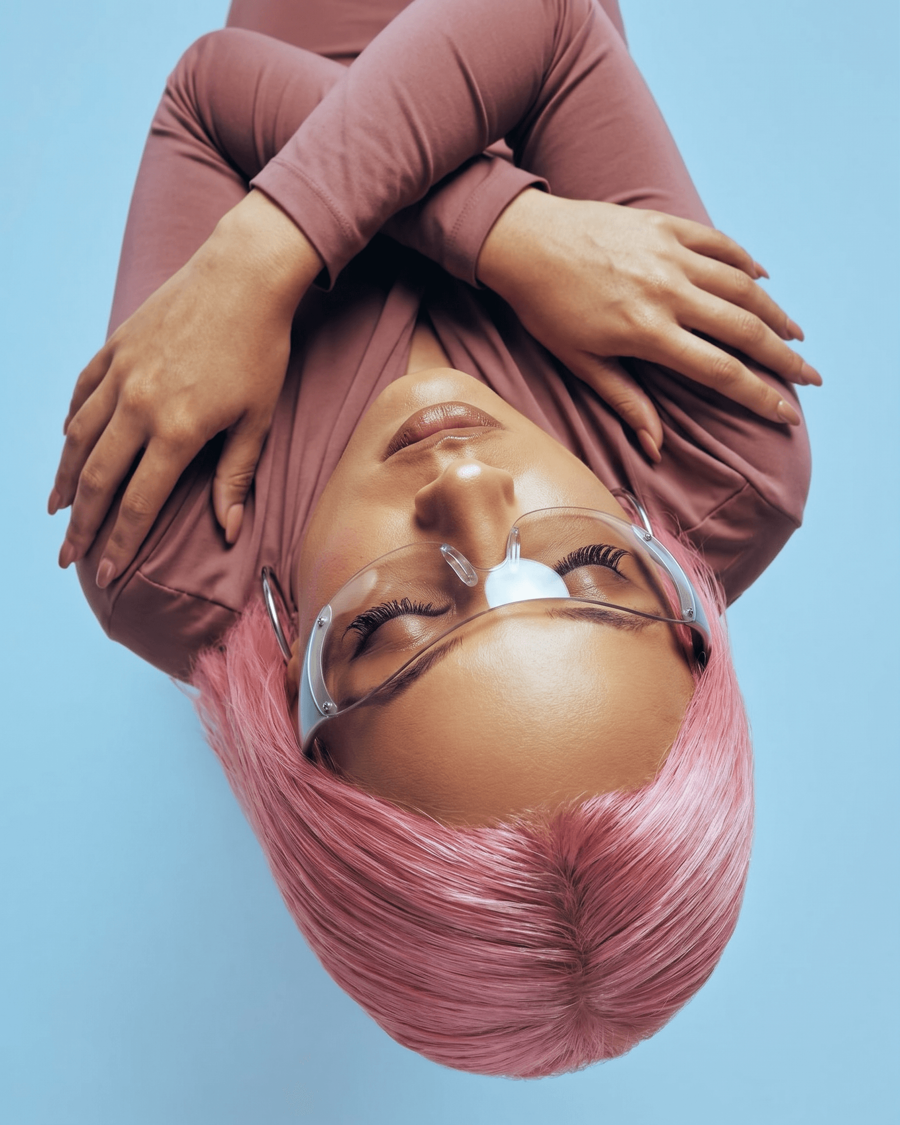 High-angle portrait of a woman with pink hair and glasses in soft blue and pink tones.