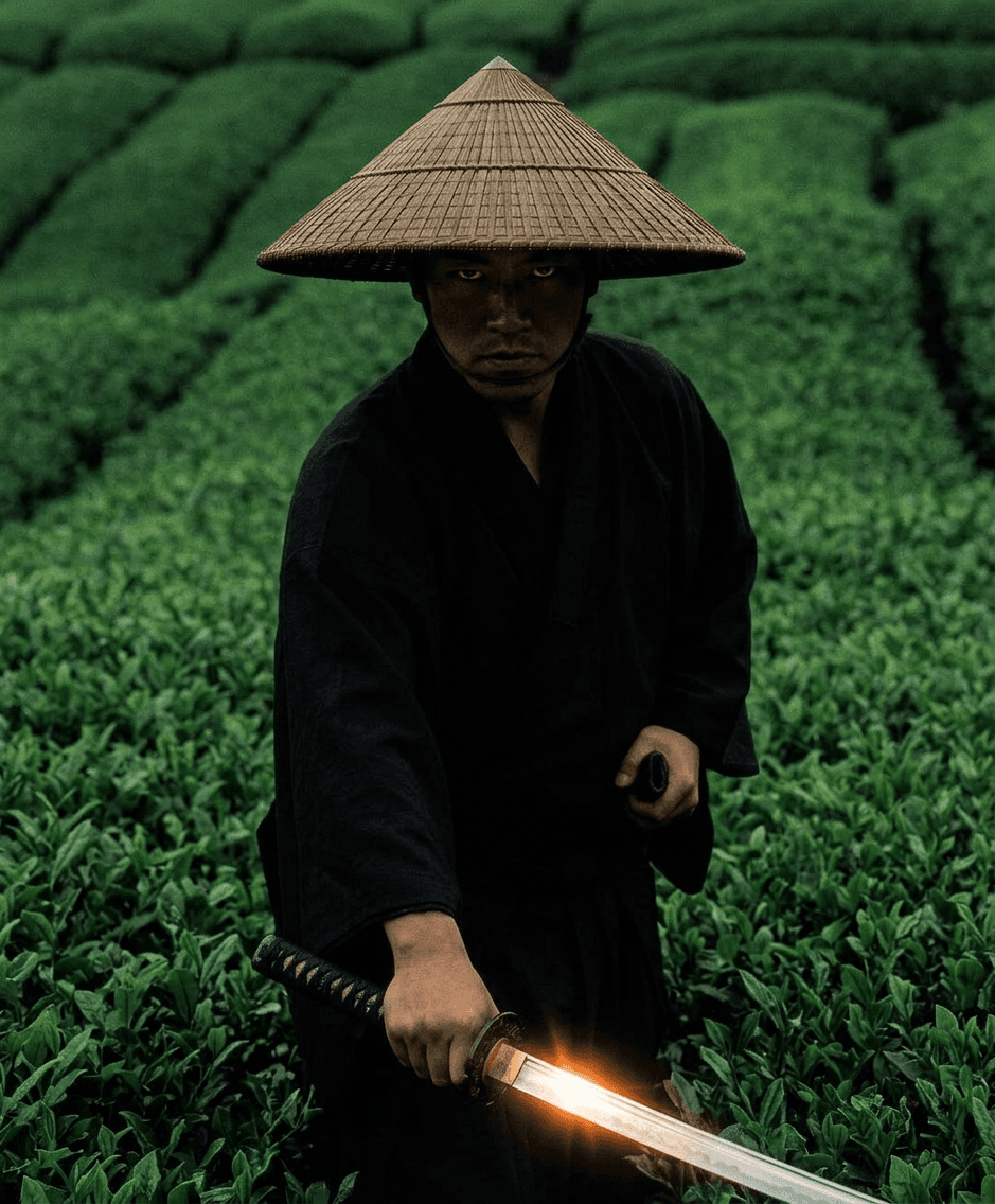 Man in dark traditional clothing holding a sword in green tea fields.