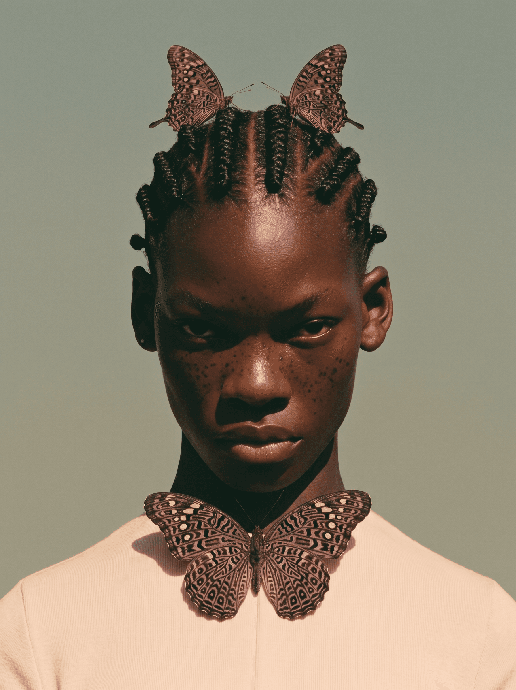 Young woman with intricate braided hair and butterflies in a soft background.