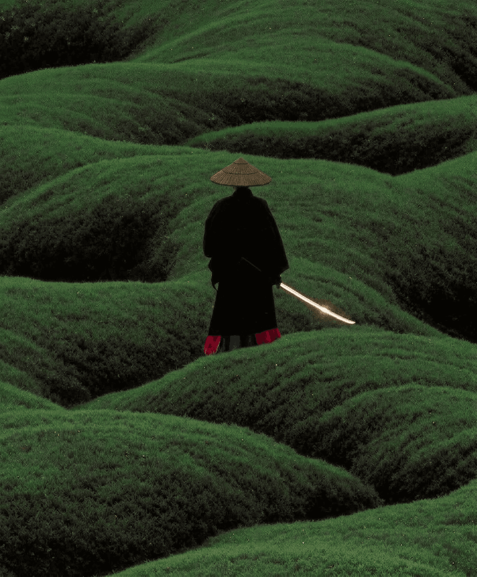 A figure wearing a straw hat stands in green hills under a serene sky.