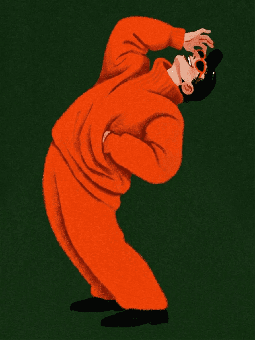 Illustration of a person in an orange tracksuit wearing sunglasses.