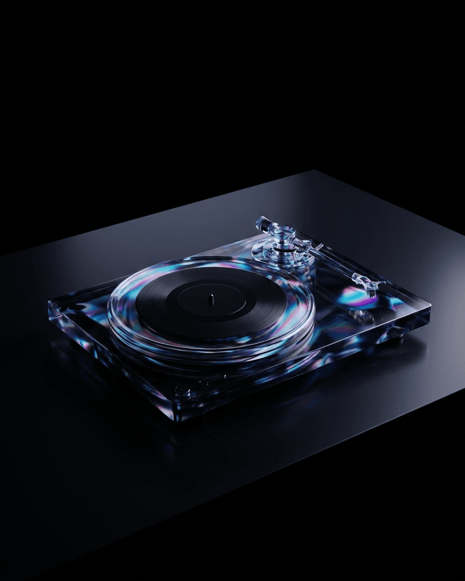 A sleek turntable on a dark surface with colourful light reflections.