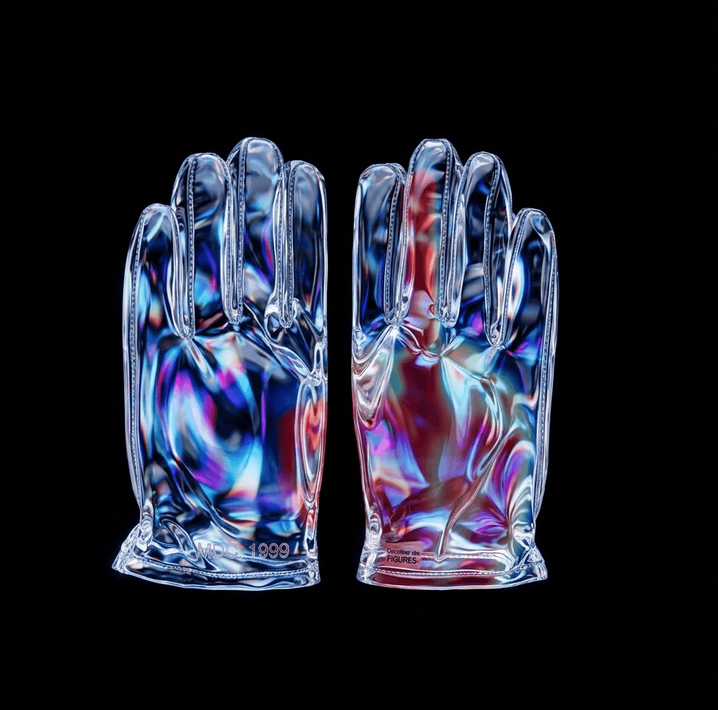 A pair of transparent gloves with an iridescent surface on a black background.