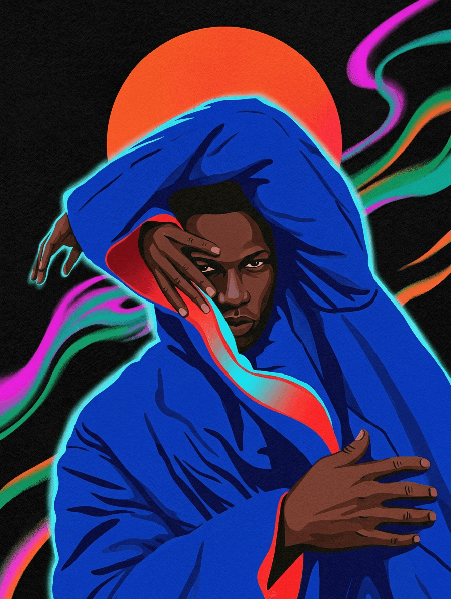 A man in a vibrant blue garment against a black background.