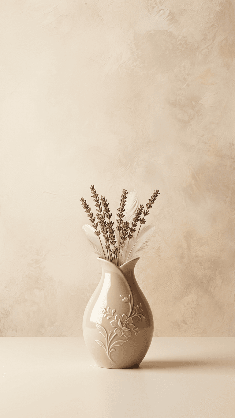 A beige vase with floral designs, lavender sprigs, and white feathers on a cream background.