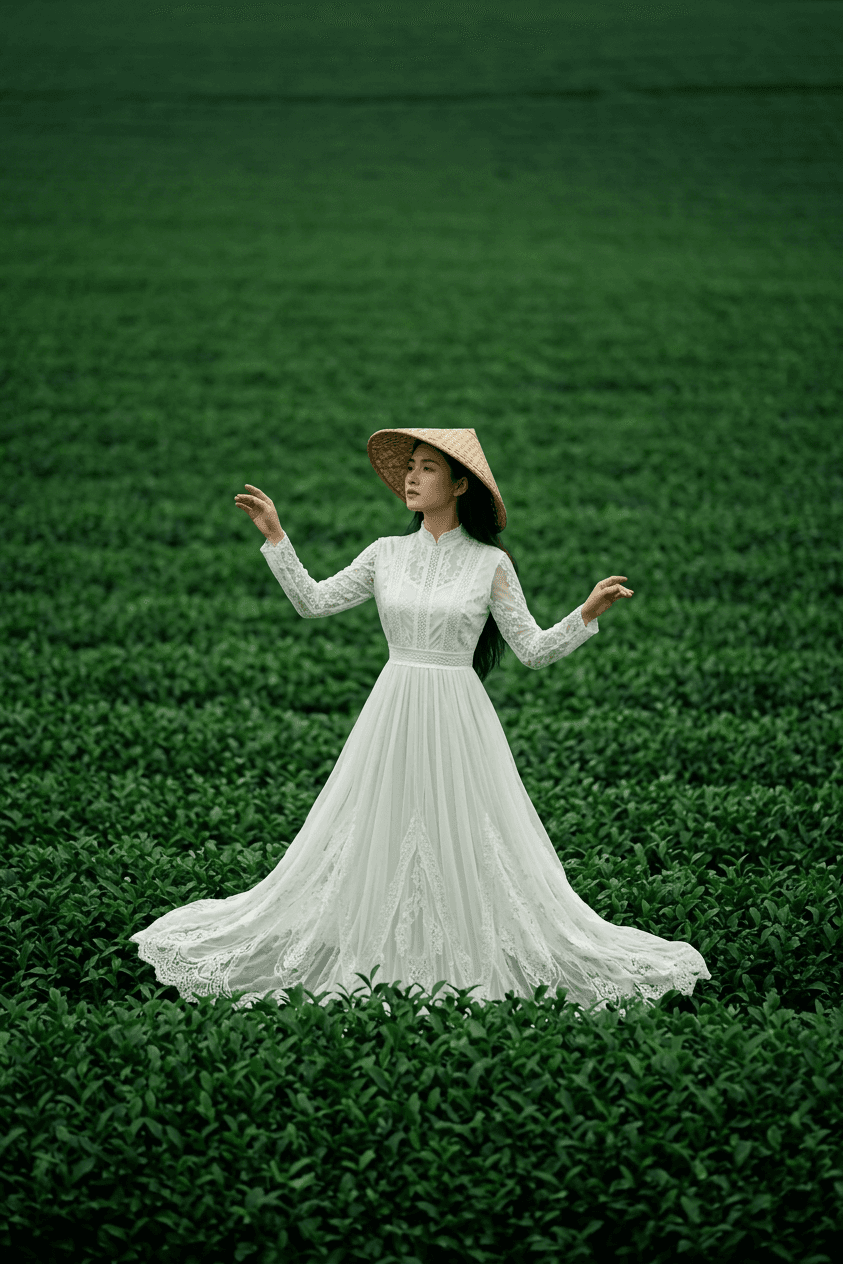 A woman in a white dress stands in green tea fields under soft natural lighting.