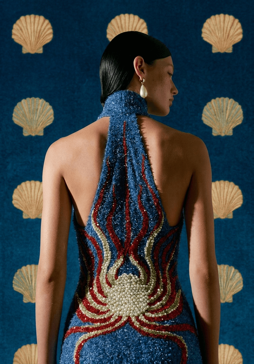 A woman wearing a backless, beaded blue gown in front of a blue background with shell motifs.