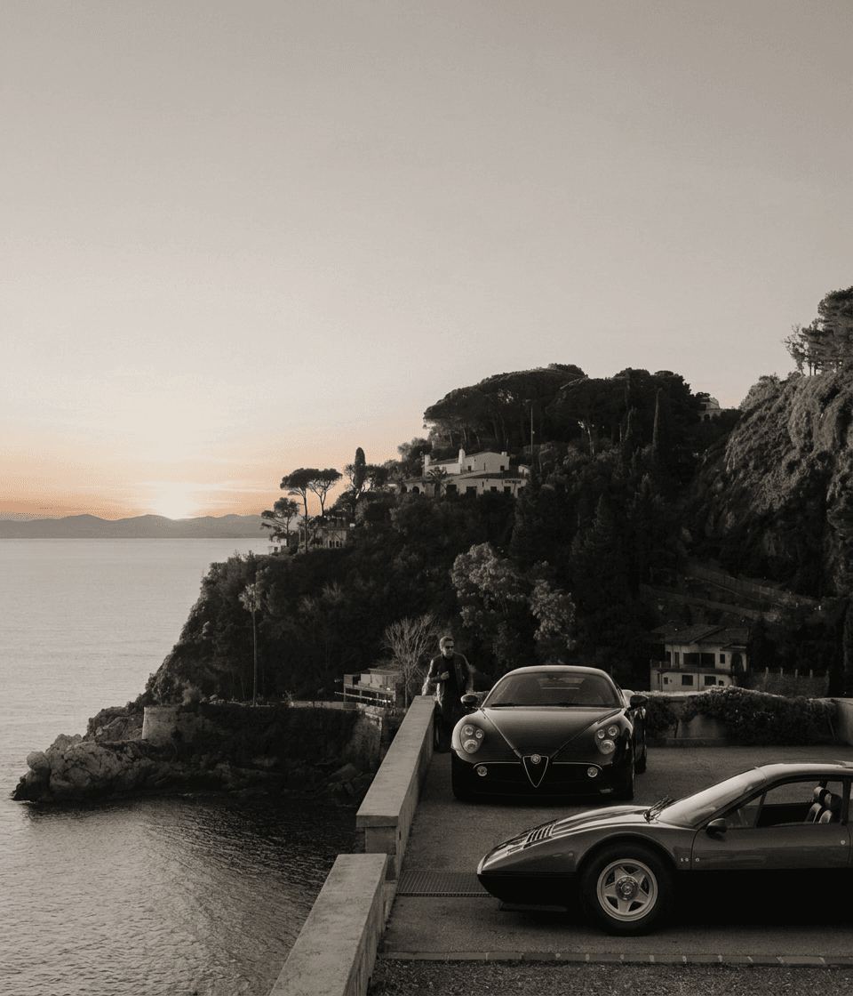 Two classic cars parked on a coastal overlook at sunset.