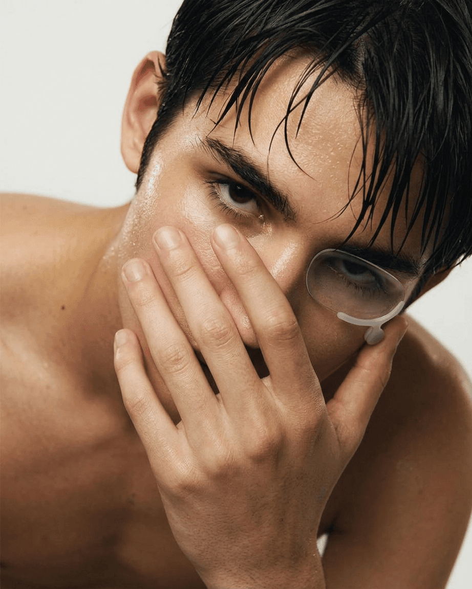 Close-up portrait of a young man with slicked-back hair, hand partially covering his face.