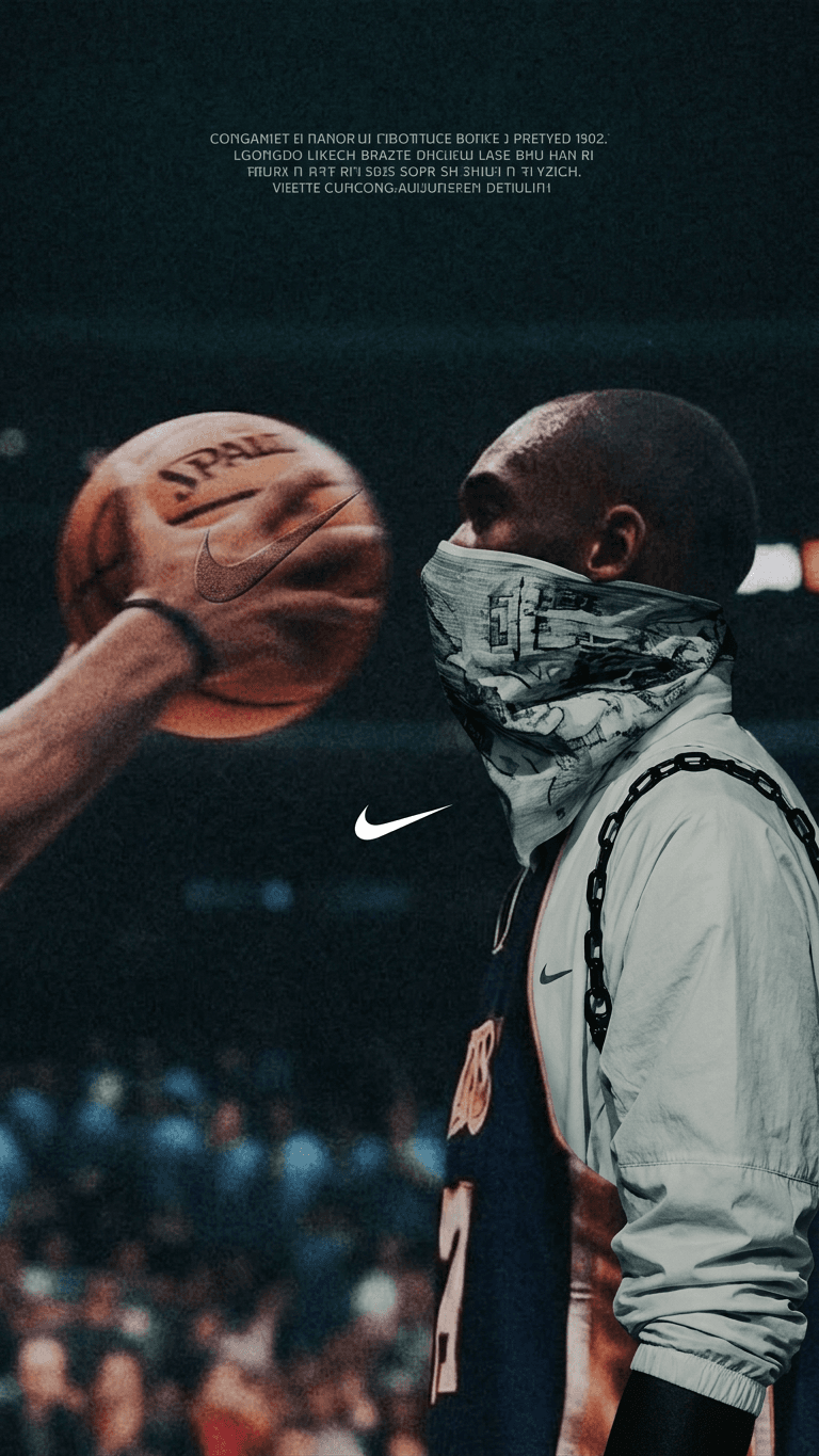 Illustration of a basketball player in profile, wearing a mask and hoodie, with a blurred basketball game behind.
