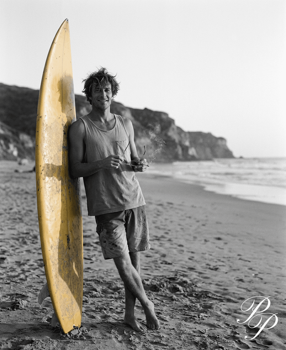 A man stands on the beach holding a yellow surfboard in black-and-white.