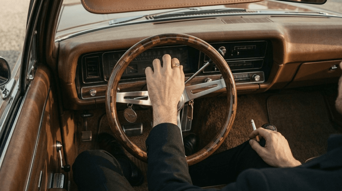 Close-up of a man's hand holding a vintage car steering wheel.
