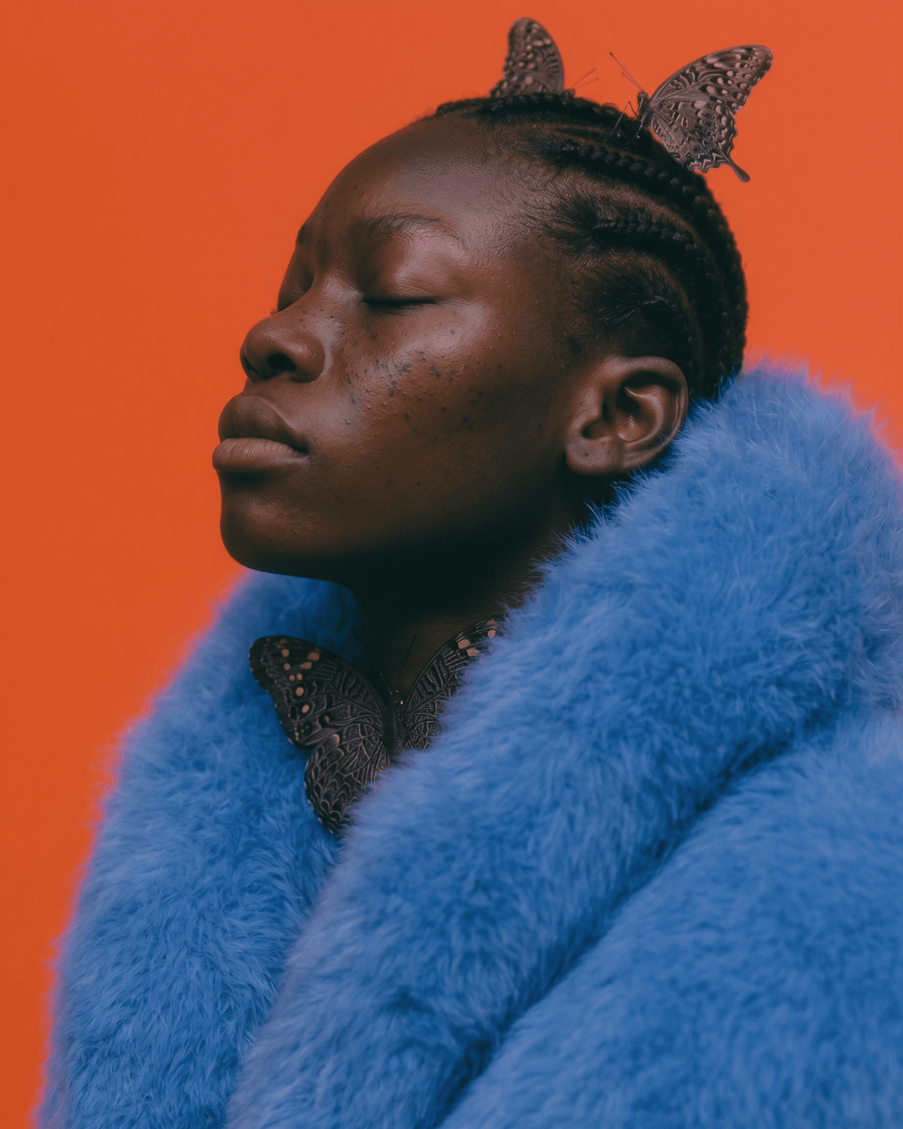 A woman with closed eyes wearing butterfly accessories and a blue coat.