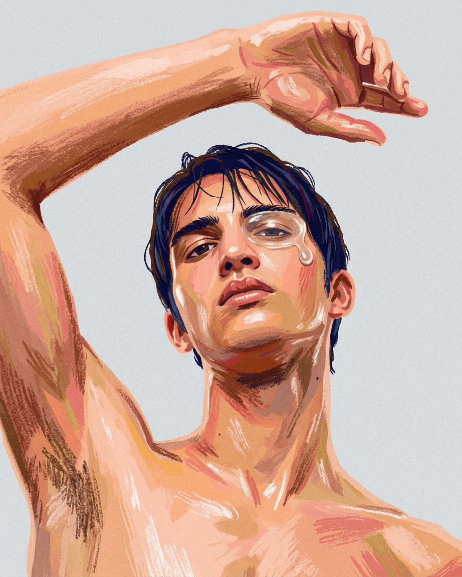 Young man with glistening skin in a vibrant, warm-toned portrait.