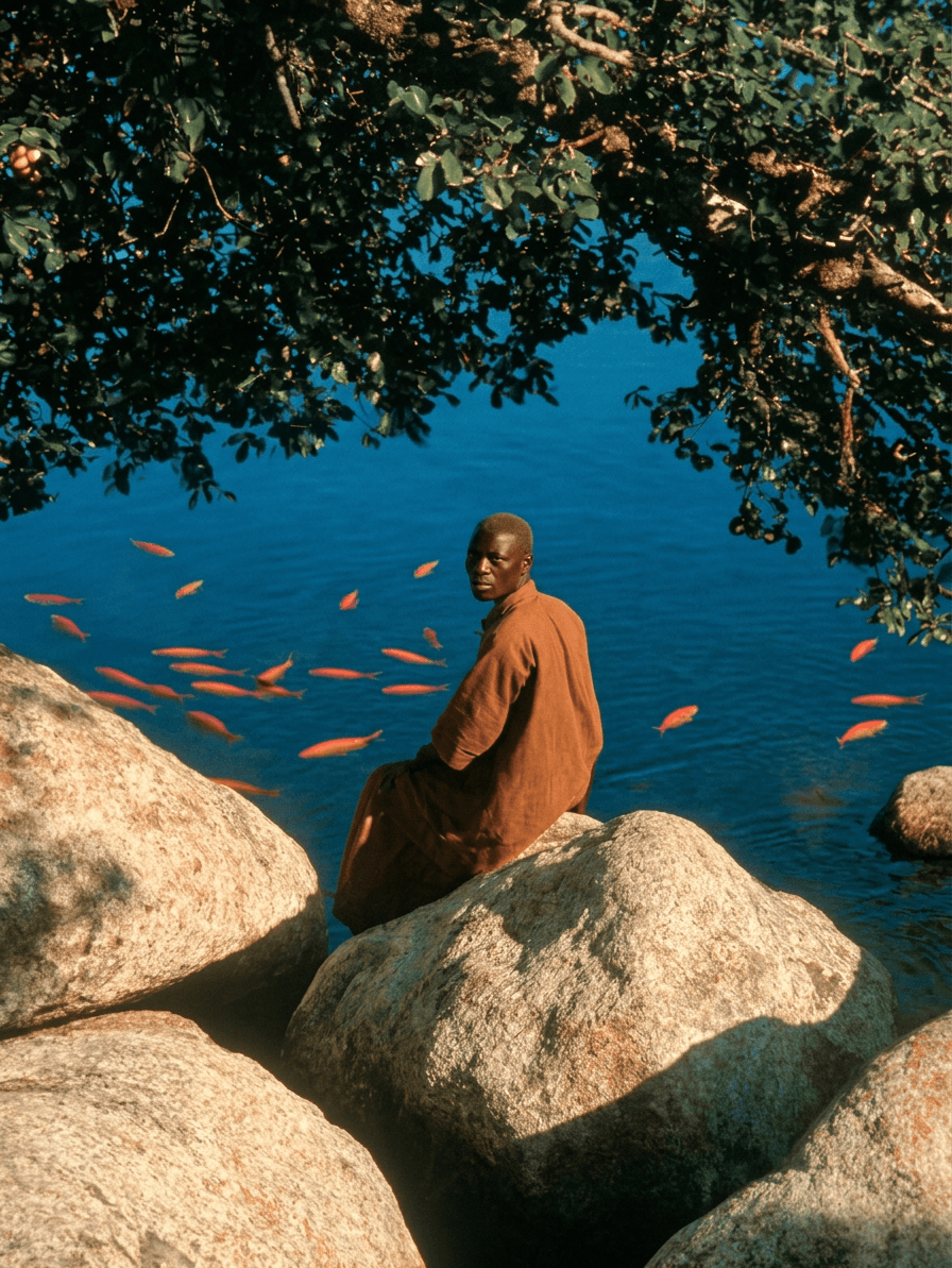 Man sitting on rocks by a blue lake with orange fish swimming around.