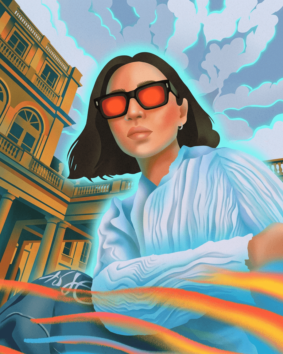 Digital illustration of a woman in sunglasses with a colourful architectural background.