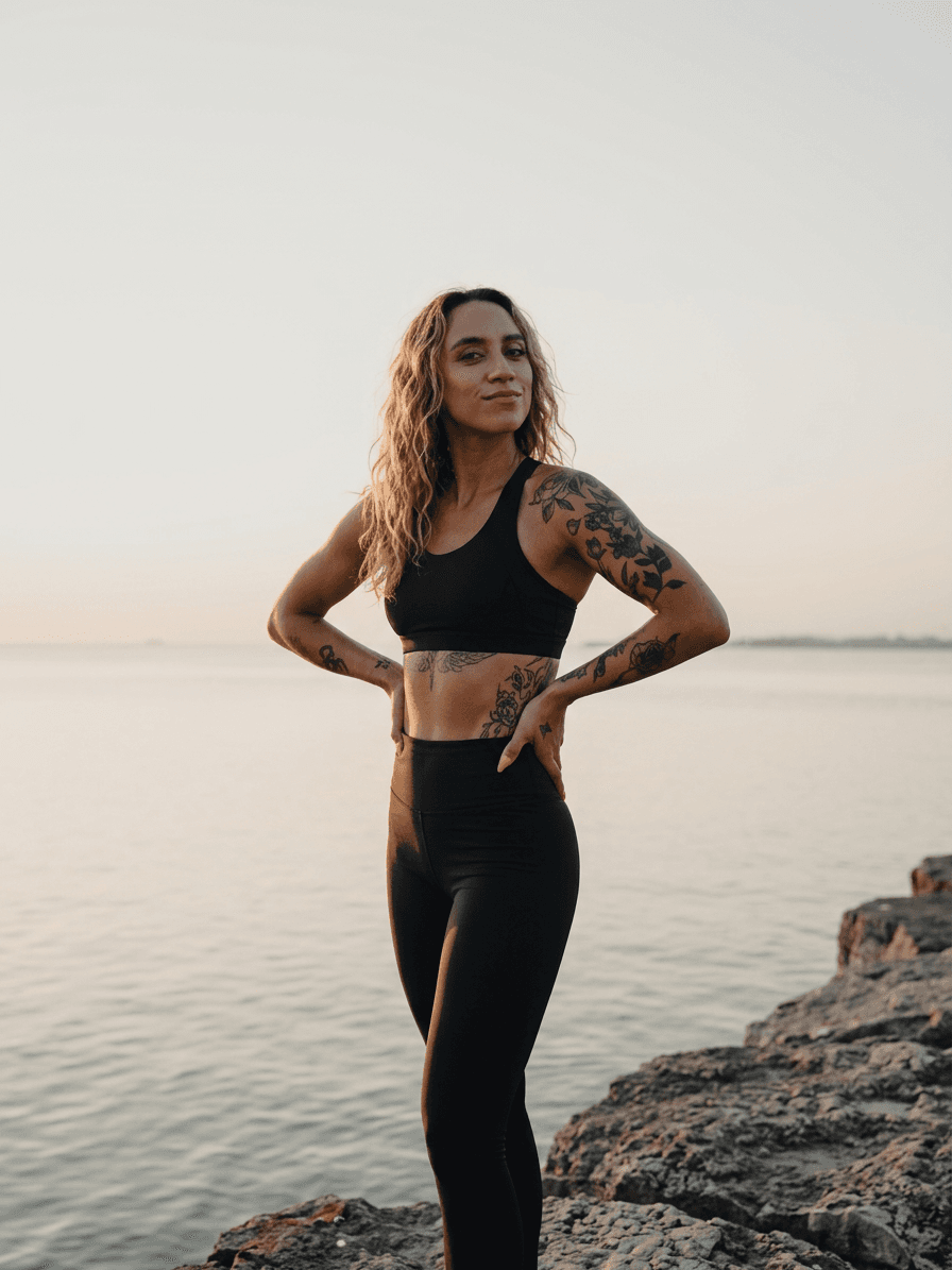 Sporty woman with tattoos poses on rocks at sunset