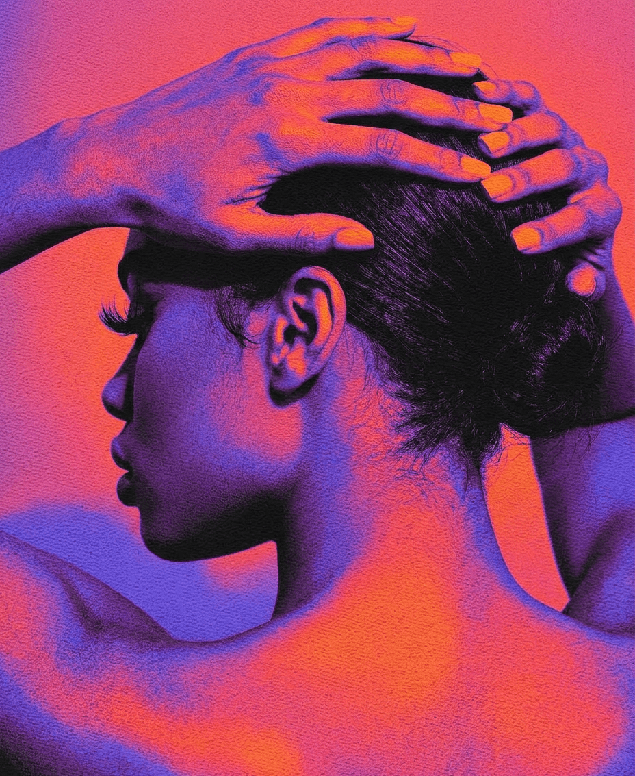 Illustration of a woman's profile highlighting her posture and hairstyle in pink and blue.