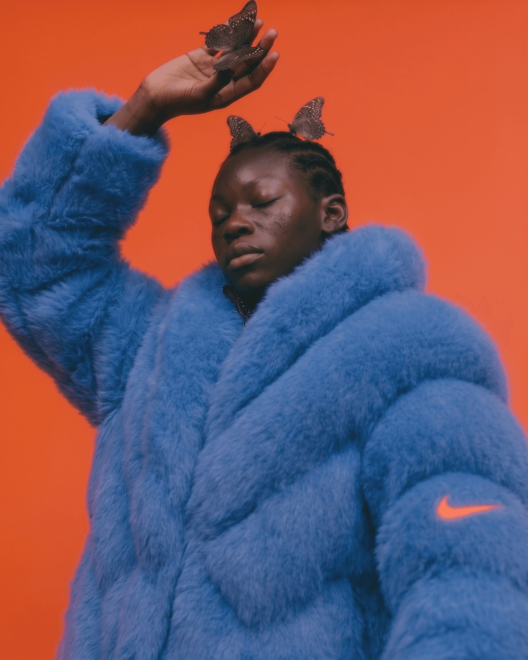 Portrait of a person wearing a blue fur coat with butterflies on an orange background.