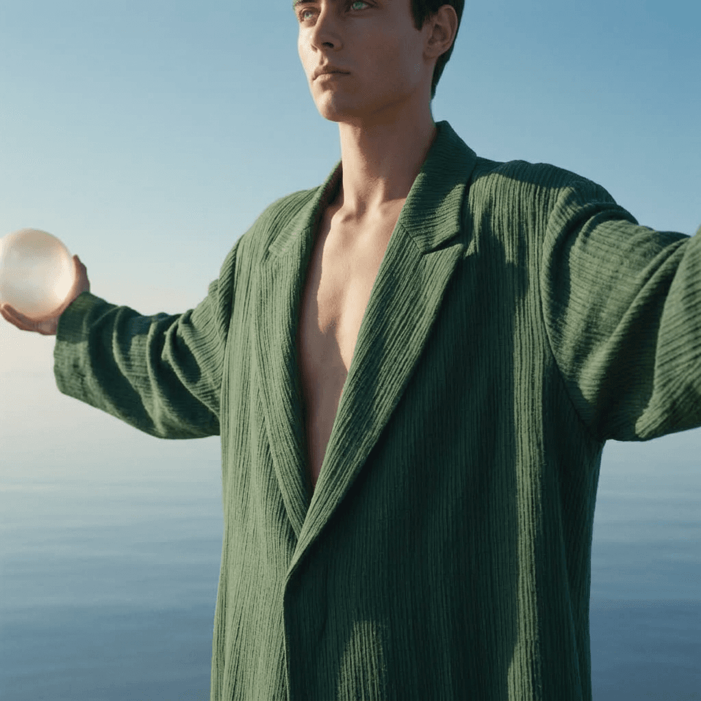 Man in a green coat holding a crystal ball by calm water.