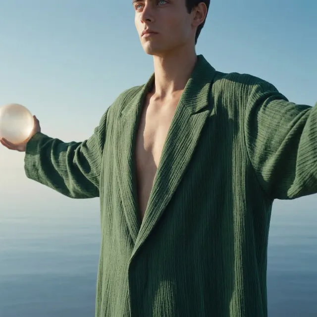 Man in a green coat holding a crystal ball by calm water.