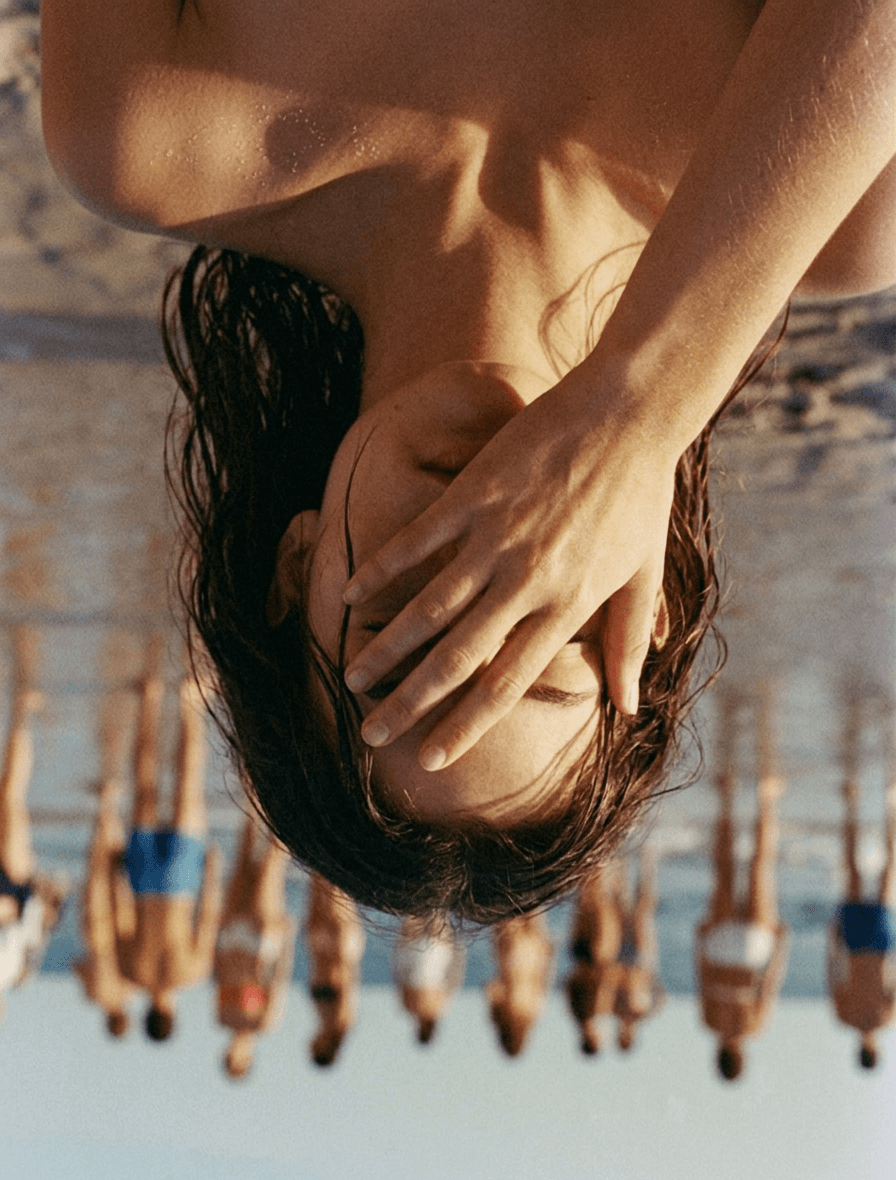 A woman covering her face with her hand, gazing down at a beach.